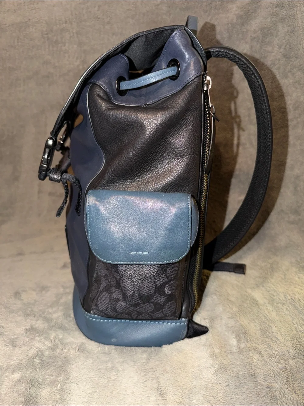 Coach Men’s Blue Leather & Signature Canvas Flap Backpack